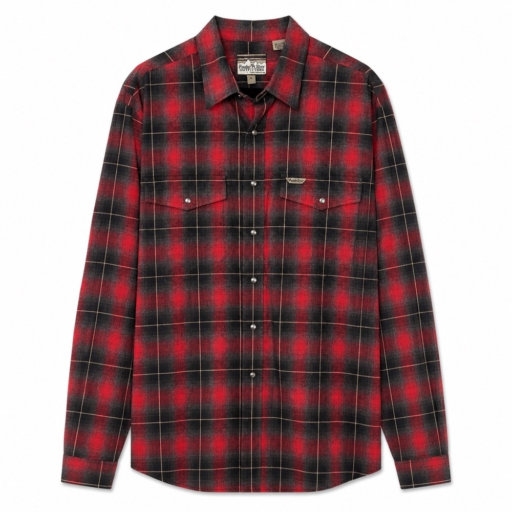 Powder River Outfitters Red Black Plaid Pearl Snap Western Shirt Men XL